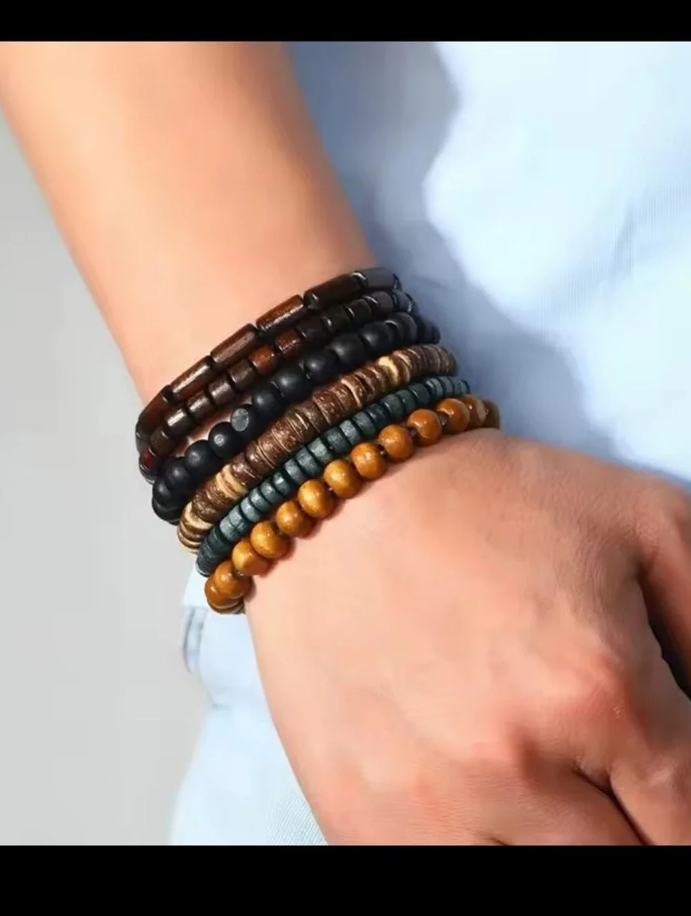 Men's Bracelets Beaded‎ 6pc Layered Black Brown Jewelry New G12